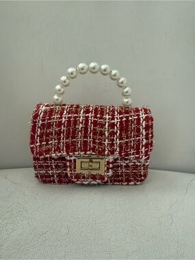 Red Tweed Pearl-Handle Mini Handbag